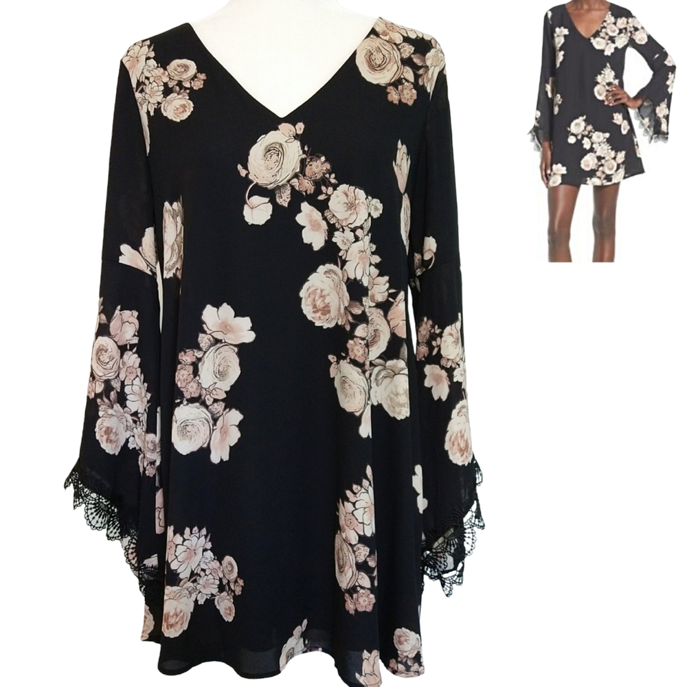 Astr The Label Black Floral Bell Sleeve Dress Flowy Party Wedding Guest